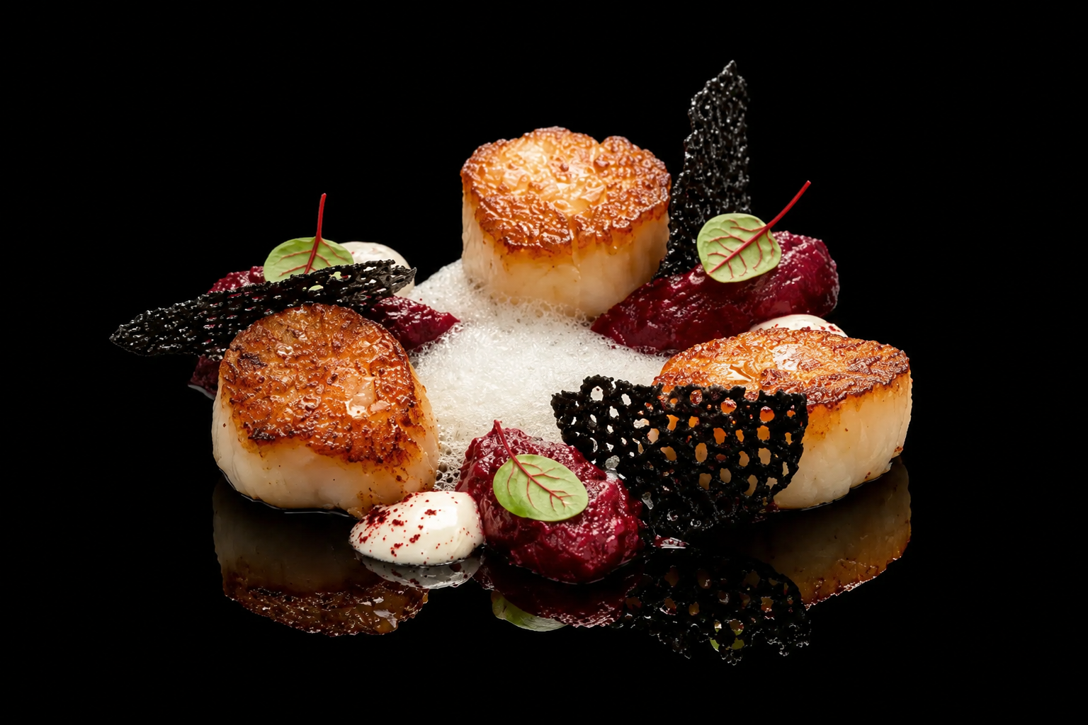 Assiette gastronomique avec trois noix de Saint-Jacques poêlées, sauce crémeuse, garnitures de coulis de fruits rouges, feuilles vertes, décorations croustillantes noires et espuma blanche, sur fond noir.