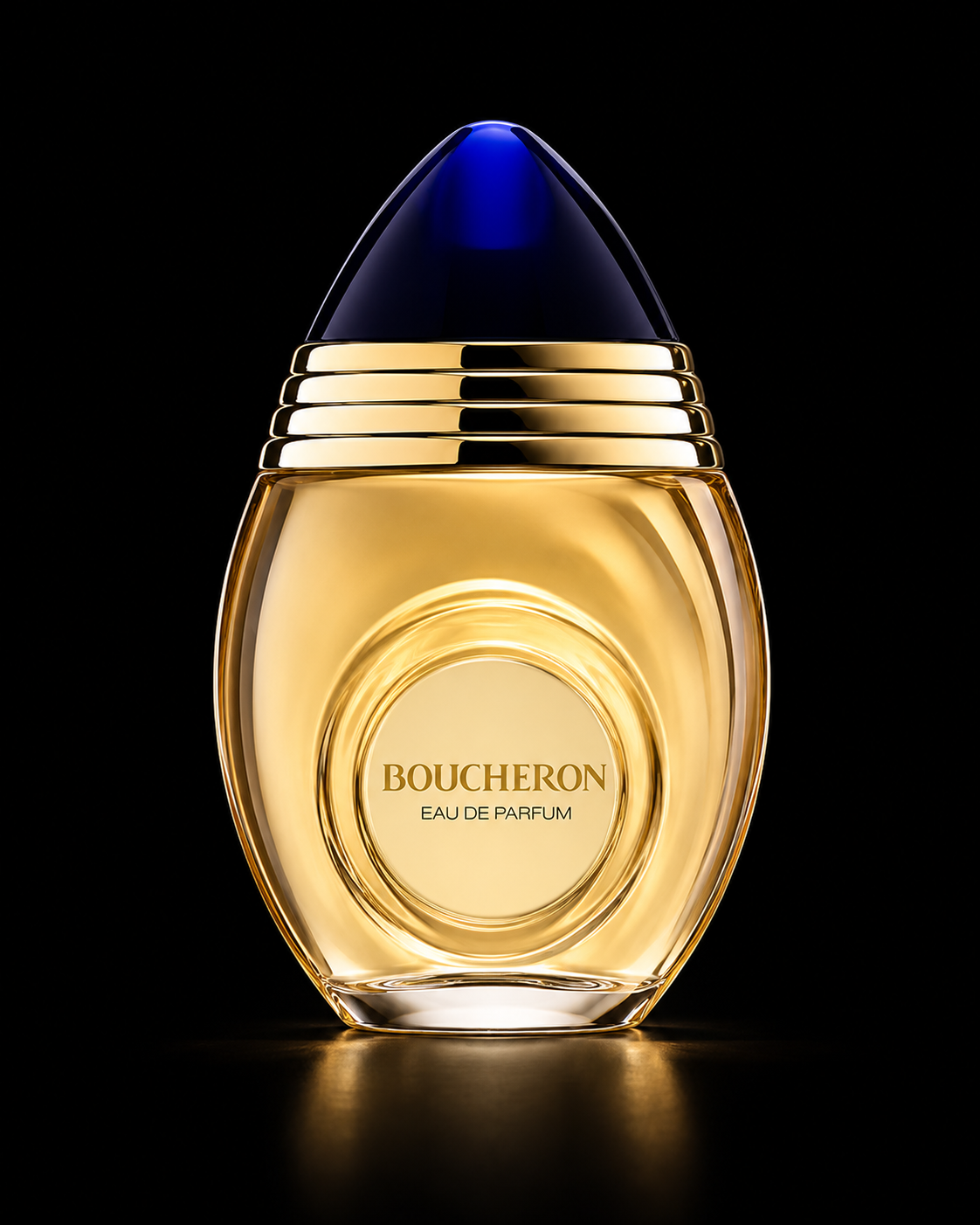 Flacon de parfum Boucheron avec design élégant en or et un capuchon bleu foncé, sur fond noir