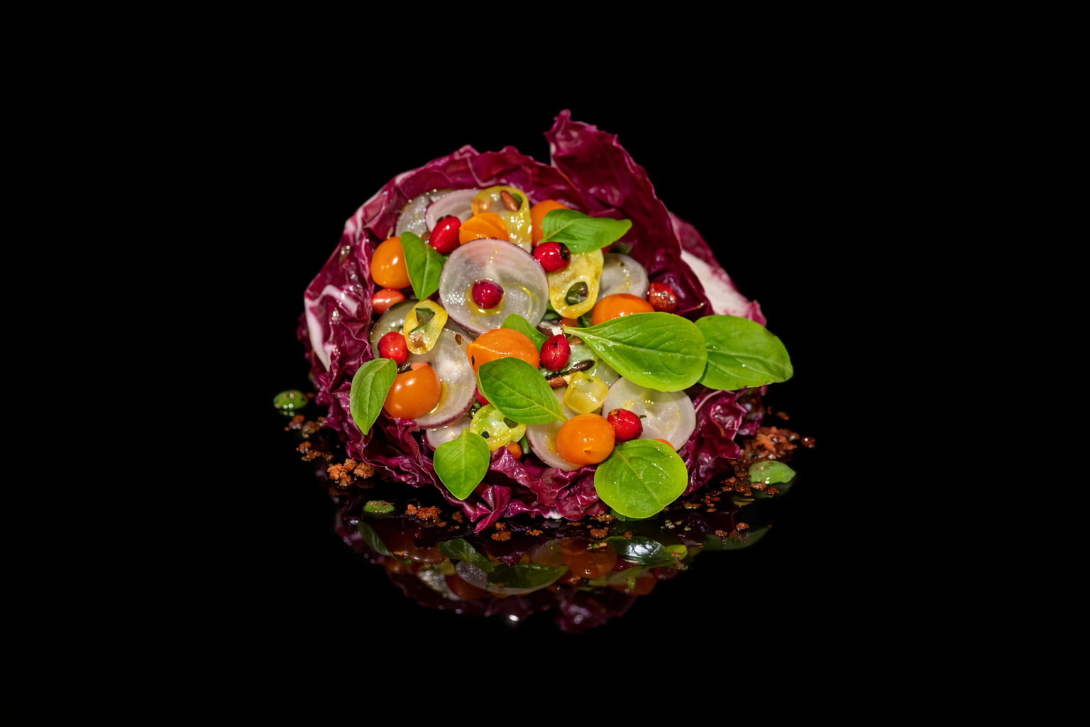 Salade colorée avec radis, tomates cerises, feuilles de basilic, parmi des feuilles de salade rouge, sur fond noir.