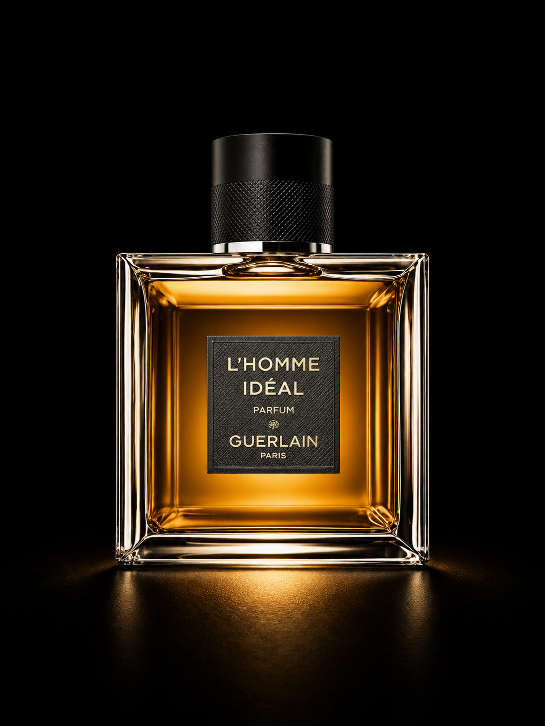 Flacon de parfum Guerlain L'Homme Idéal parfüm avec une bouteille en verre carrée et un bouchon noir, fond noir, mise en valeur par un éclairage chaud.