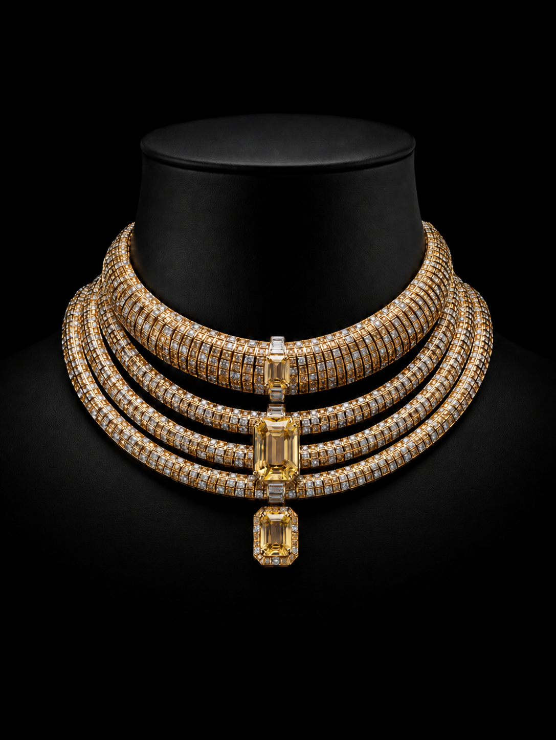 Collier de bijoux en or avec des pierres précieuses, de diverses tailles et formes, présenté sur un mannequin noir