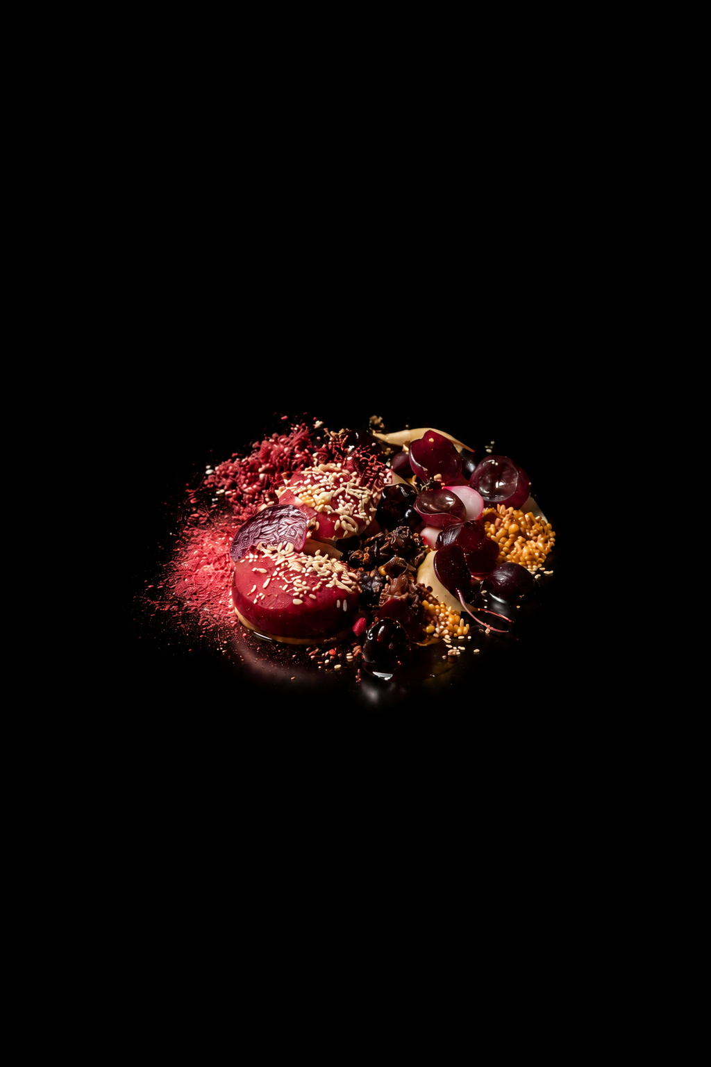 Desserts variés avec des cerises, du chocolat, et des décorations colorées, présentés sur une surface noire.