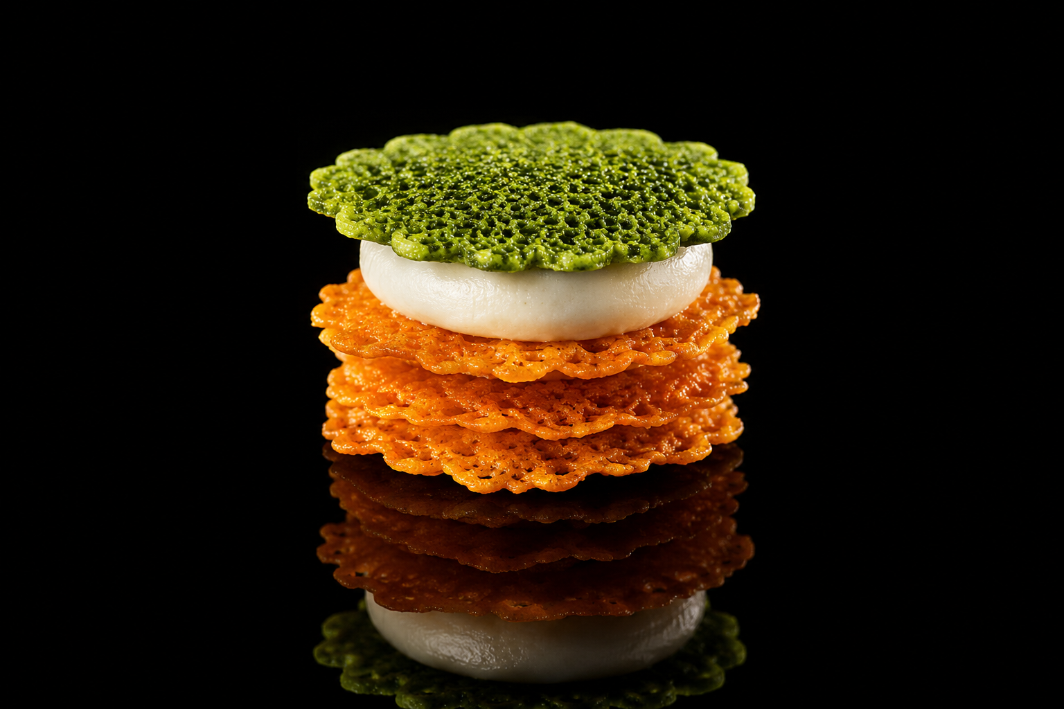 Une pile de trois galettes croustillantes, une au sommet verte, une au milieu blanche et une en dessous orange, avec reflet sur surface noire.