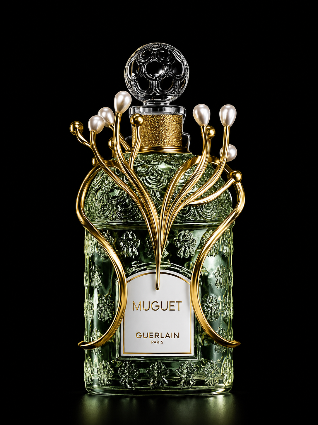 Une bouteille de parfum Guerlain Muguet avec un design orné de fleurs et de boucles dorées, devant un fond noir.
