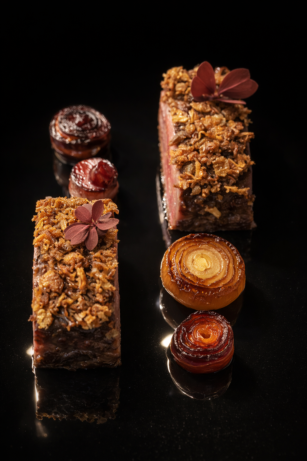 Gâteau de viande avec croûte croustillante, décoré de petites fleurs violettes, accompagné de petits ronds de caramel ou de confit d'oignon, présenté sur un fond noir