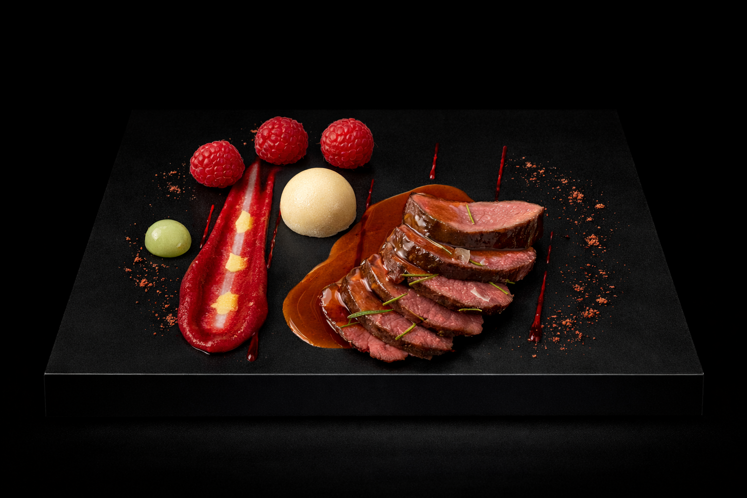 Assiette de filet de bœuf cuit saignant avec sauce, accompagnée de framboises, d'une boule de glace ou mousse, de pois verts, et de décoration de purée de fruits.