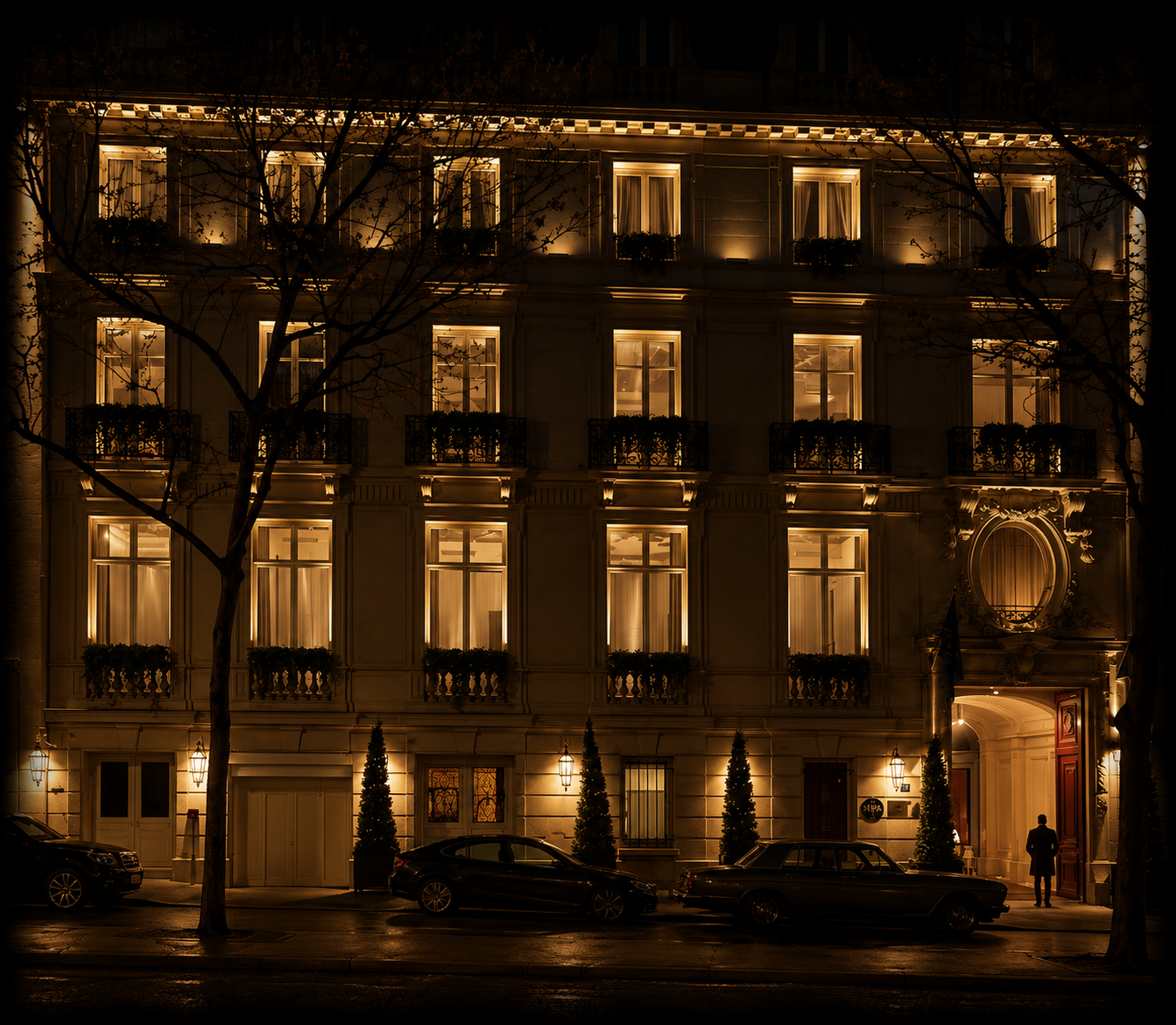 Un bâtiment résidentiel élégant illuminé la nuit, avec plusieurs fenêtres éclairées, des balcons en fer forgé, et une personne debout à l'entrée principale.