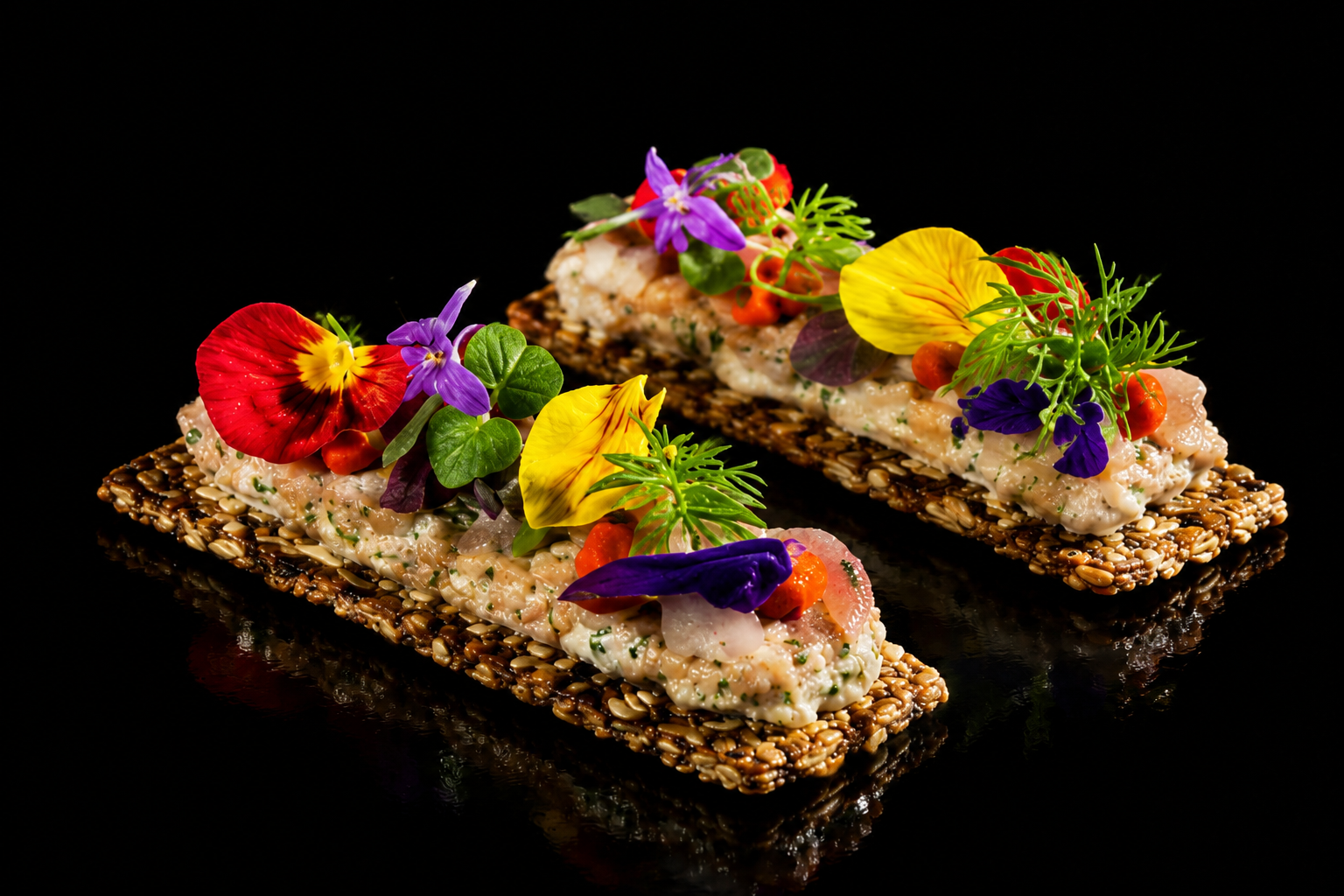 Deux tartines garnies de tartare de poisson, décorées de fleurs comestibles colorées, sur un fond noir.