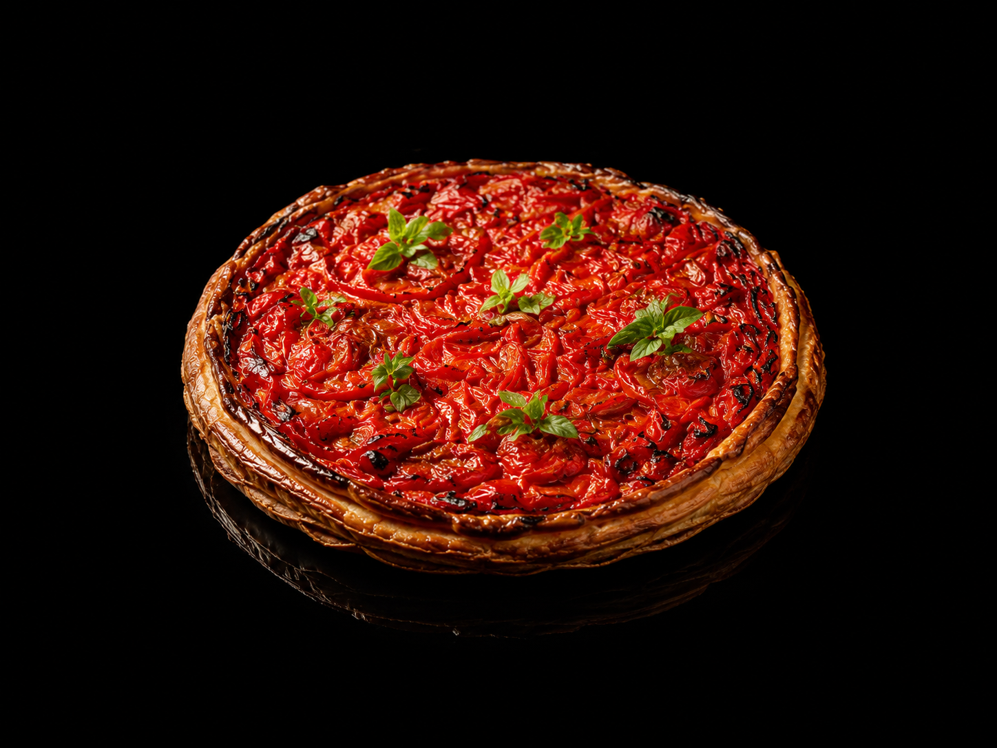 Tarte aux légumes, probablement une tarte à la tomate, garnie de feuilles de basilic frais, sur fond noir.