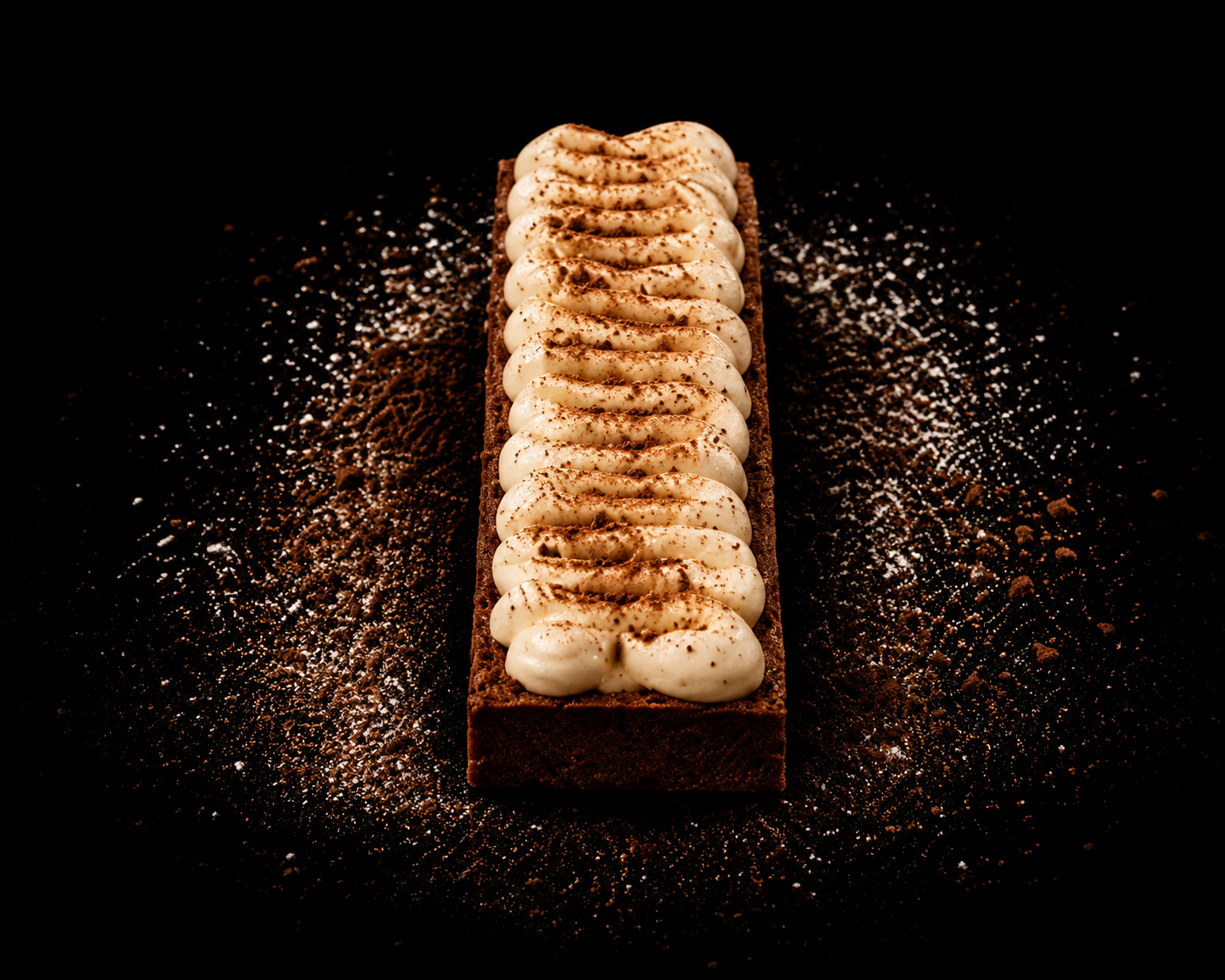 Gâteau au chocolat décoré de chantilly et de cacao en poudre, posé sur une surface saupoudrée de cacao