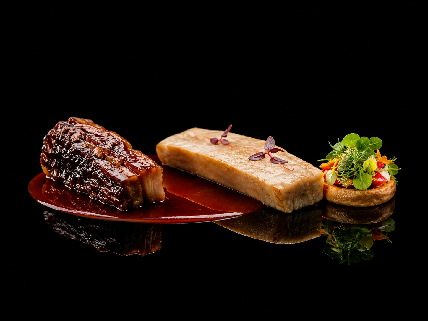 Assiette gastronomique avec un morceau de viande braisée, un pavé de poisson, et un petit tartare de légumes avec des microgreens, présentés sur un fond noir