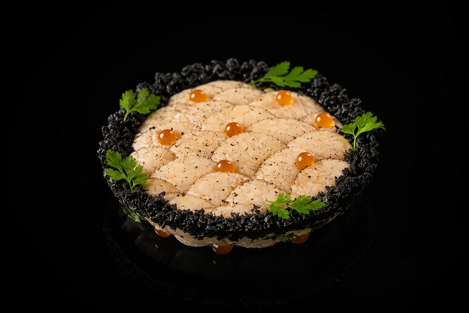 Tartare de poisson avec des garnitures de câpres, poivre, et feuilles de persil, entouré d'une croûte de crackers noirs, sur fond noir.