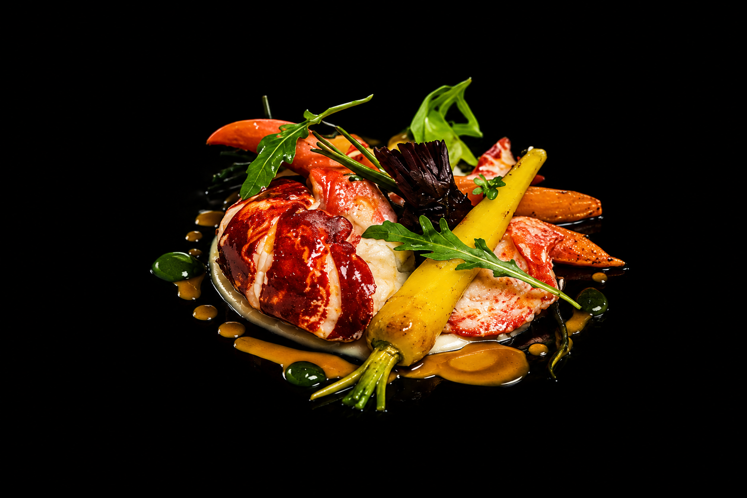 Assiette gastronomique avec fruits de mer, légumes et sauces sur fond noir.