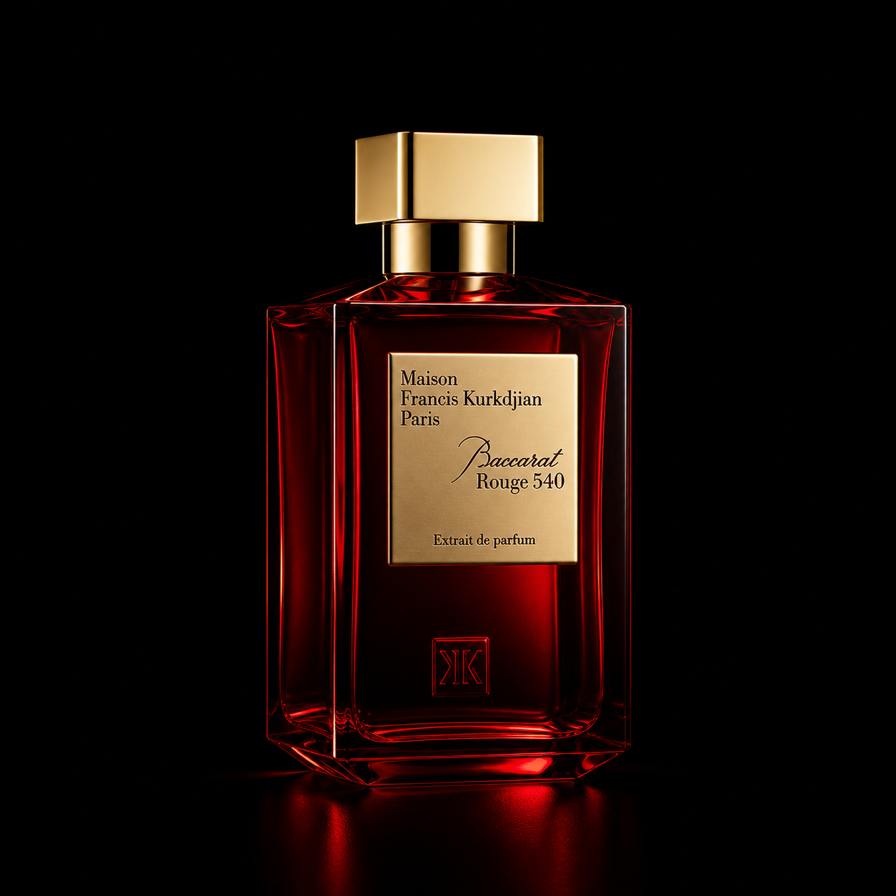 Flacon de parfum rouge avec étiquette dorée, fond noir, de la marque Maison Francis Kurkdjian, intitulé Baccarat Rouge 540.