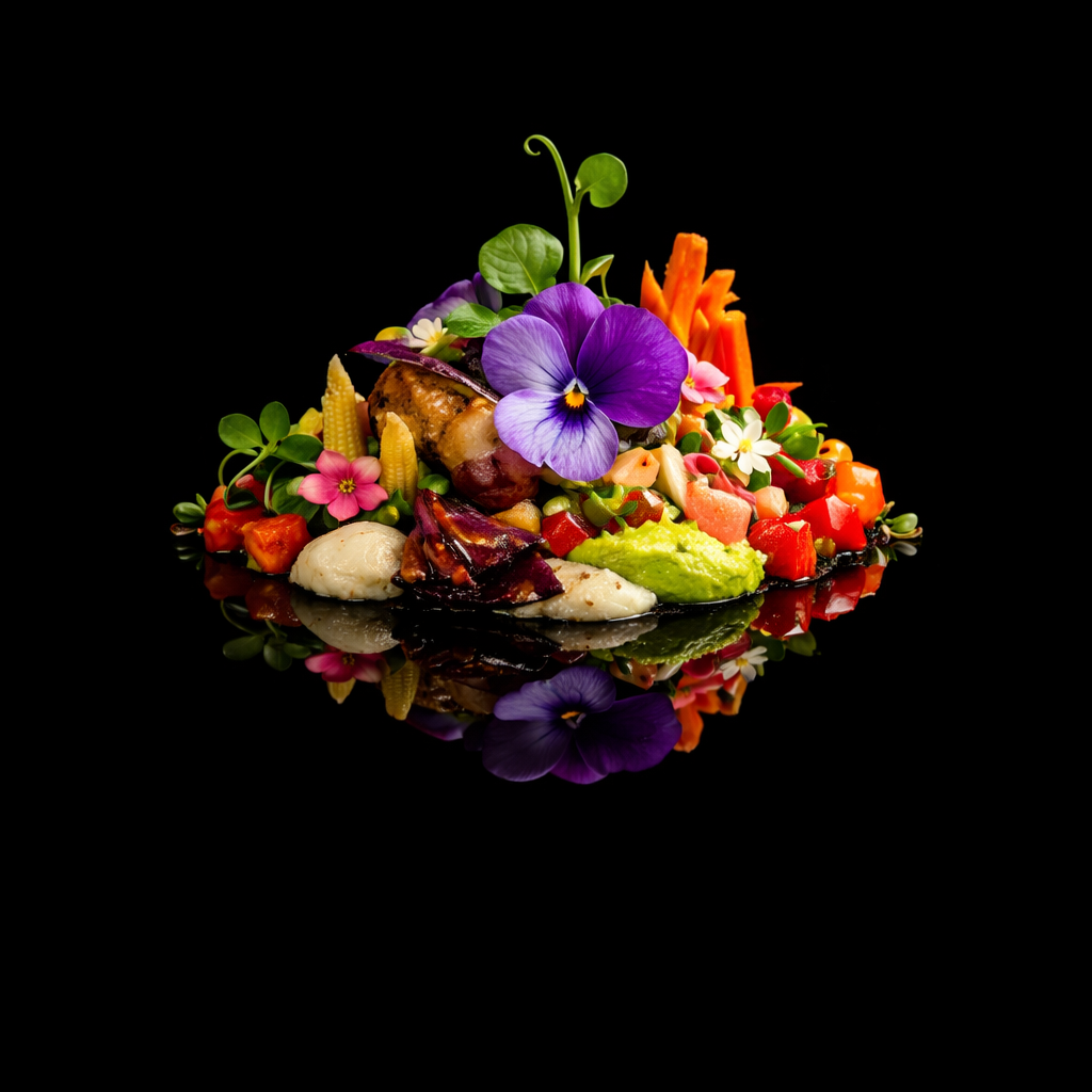 Assiette de nourriture avec des légumes, fleurs comestibles, et garnitures colorées sur fond noir