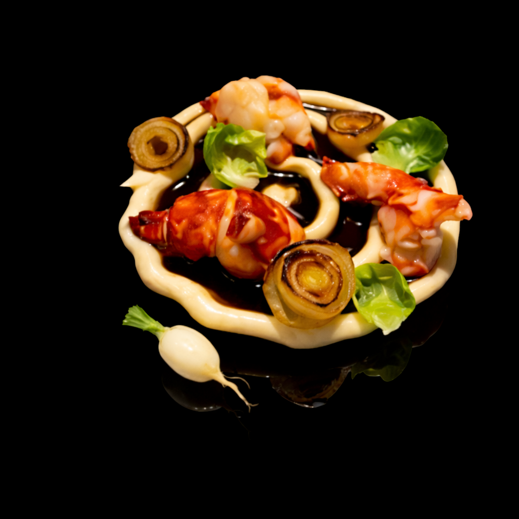 Plate de homard, légumes, omelette et sauce sur fond noir.