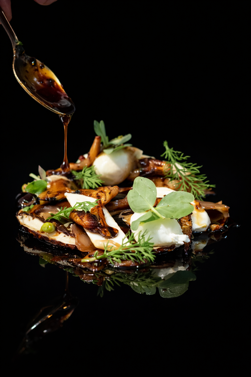 Assiette élégante avec des légumes, herbes, mozzarella et sauce balsamique, présenté sur un fond noir.
