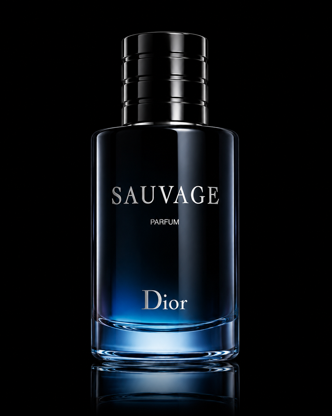 Flacon de parfum Dior Sauvage avec design noir et bleu, sur fond noir.