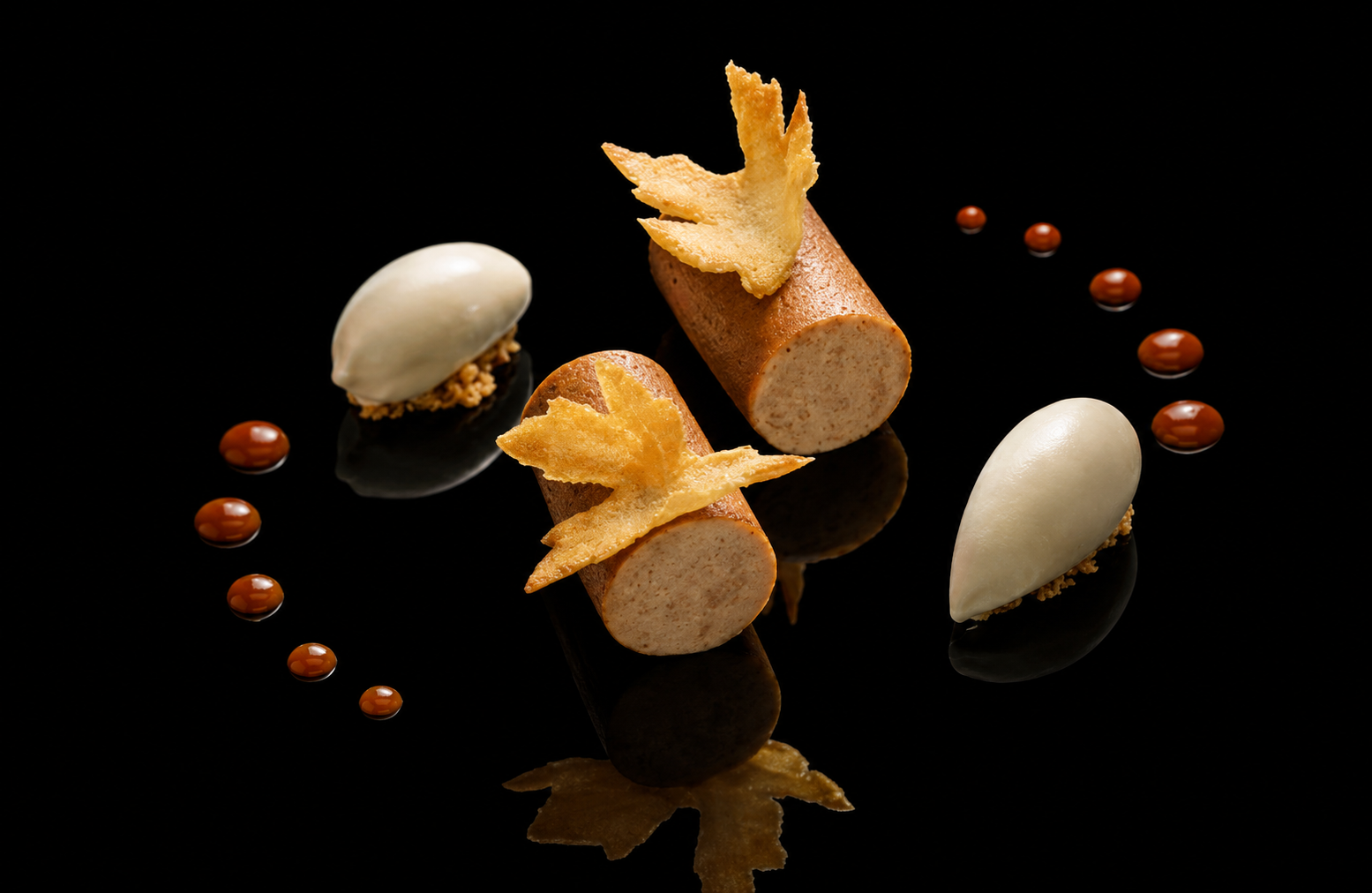 Dessert moderne avec deux cylindres de mousse de viande, décorés de croustillants de pain ou de chips, accompagnés de deux quenelles de crème ou de mousse blanche, et garnis de petites perles de sauce ou de confiture sur fond noir