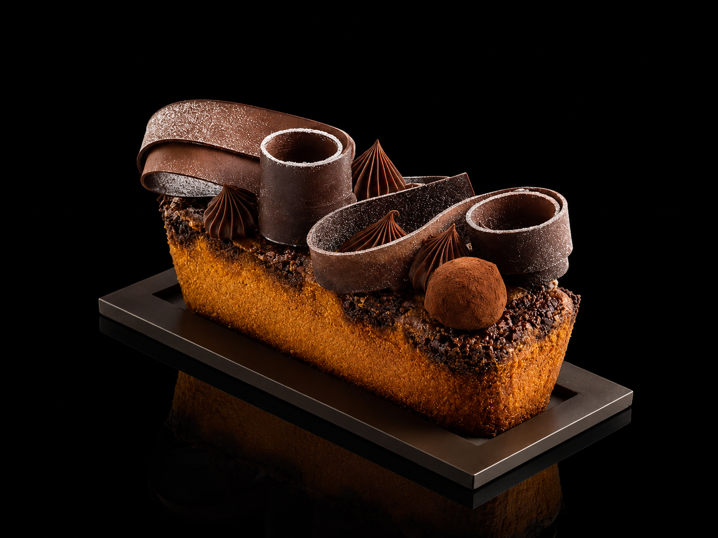 Gâteau au chocolat décoré avec des spirales de chocolat, un truffe en cocoa, et des petits pics de chocolat, présenté sur un plateau noir.