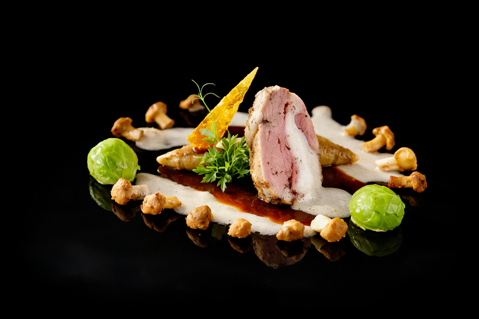 Assiette de cuisine gastronomique avec un rôti central, garnie de légumes, champignons, sauces et herbes, sur un fond noir.