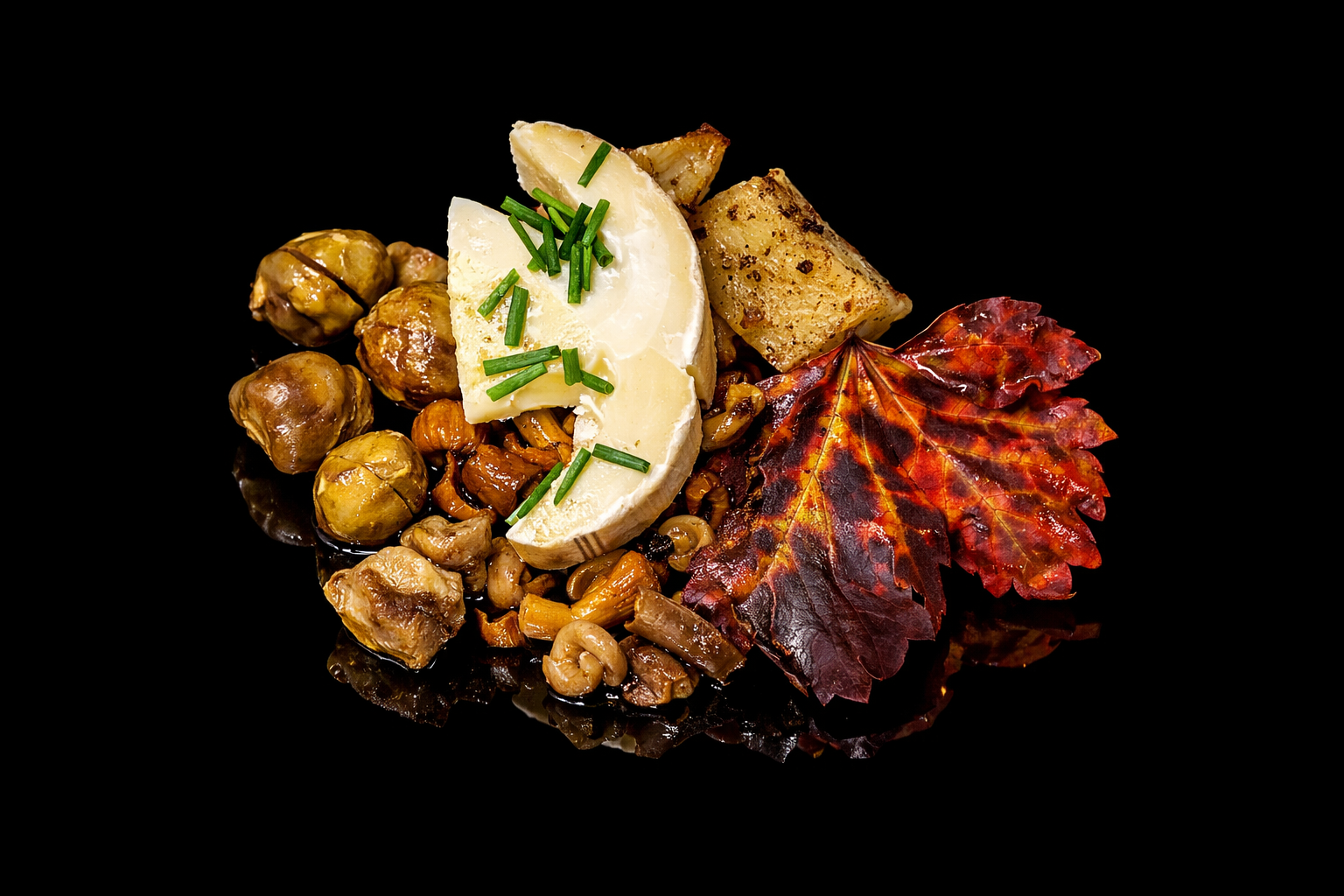 Assiette de fromages avec châtaignes, pommes de terre, feuille d'érable rouge, et garnitures vertes, sur fond noir.