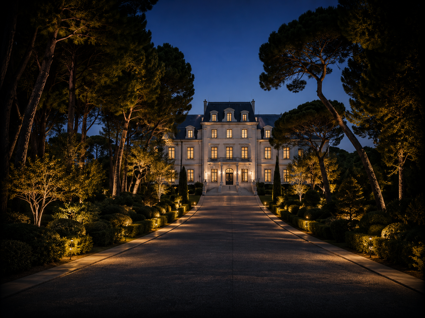 Un grand manoir blanc éclairé la nuit, entouré d'arbres et d'arbustes, avec une allée pavée menant à l'entrée principale.