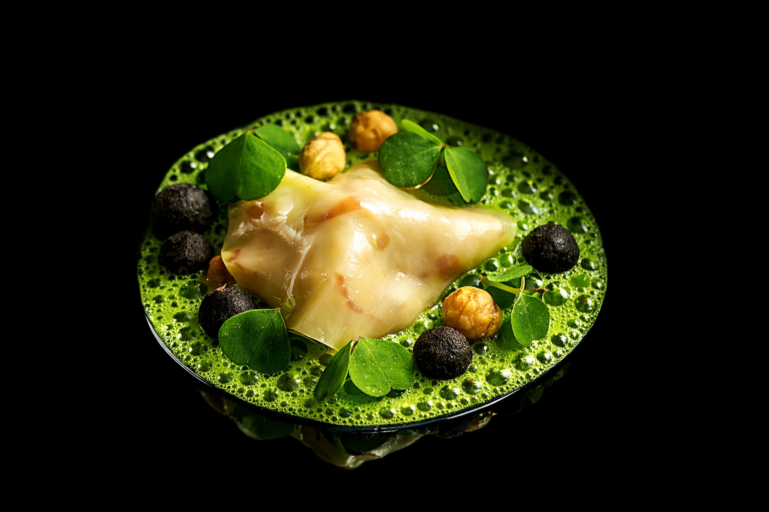Plats gastronomique avec un morceau de fromage ivoire, des feuilles vertes, des baies noires, des noix et une sauce verte mousseuse sur un fond noir.