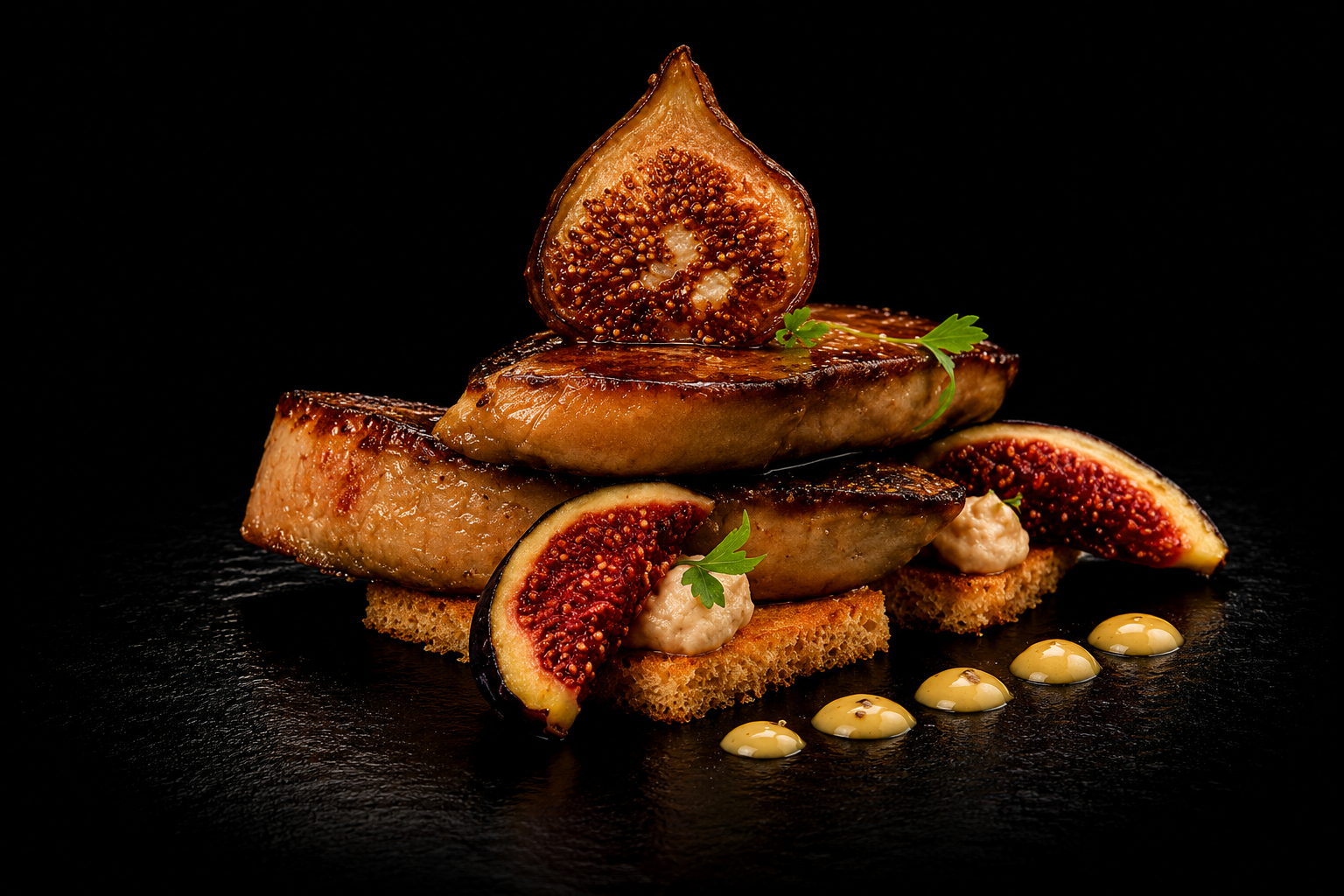 Assiette sophistiquée avec des tranches de figues fraîches, de la viande ou du poisson grillé, accompagnée de petites sauces ou garnitures et de feuilles de persil