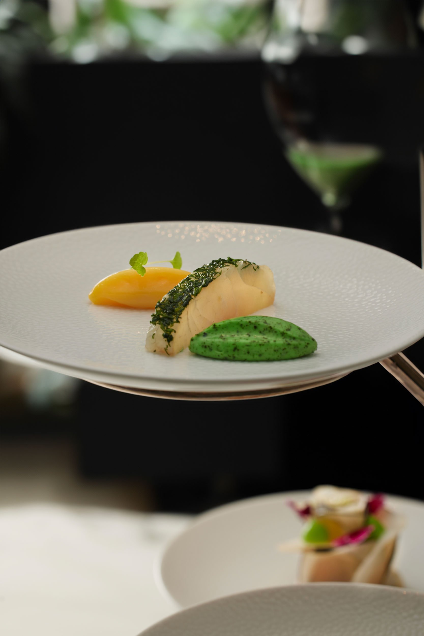 Assiette de poisson blanc accompagné de purée verte et de sauce jaune, décorée de micro-pousses.