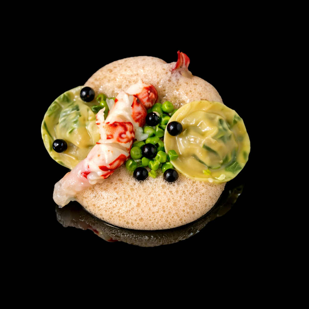 Assiette gastronomique avec gambas, coquilles vertes, pois verts, œufs de poisson noir, mousse mousseuse, sur fond noir.