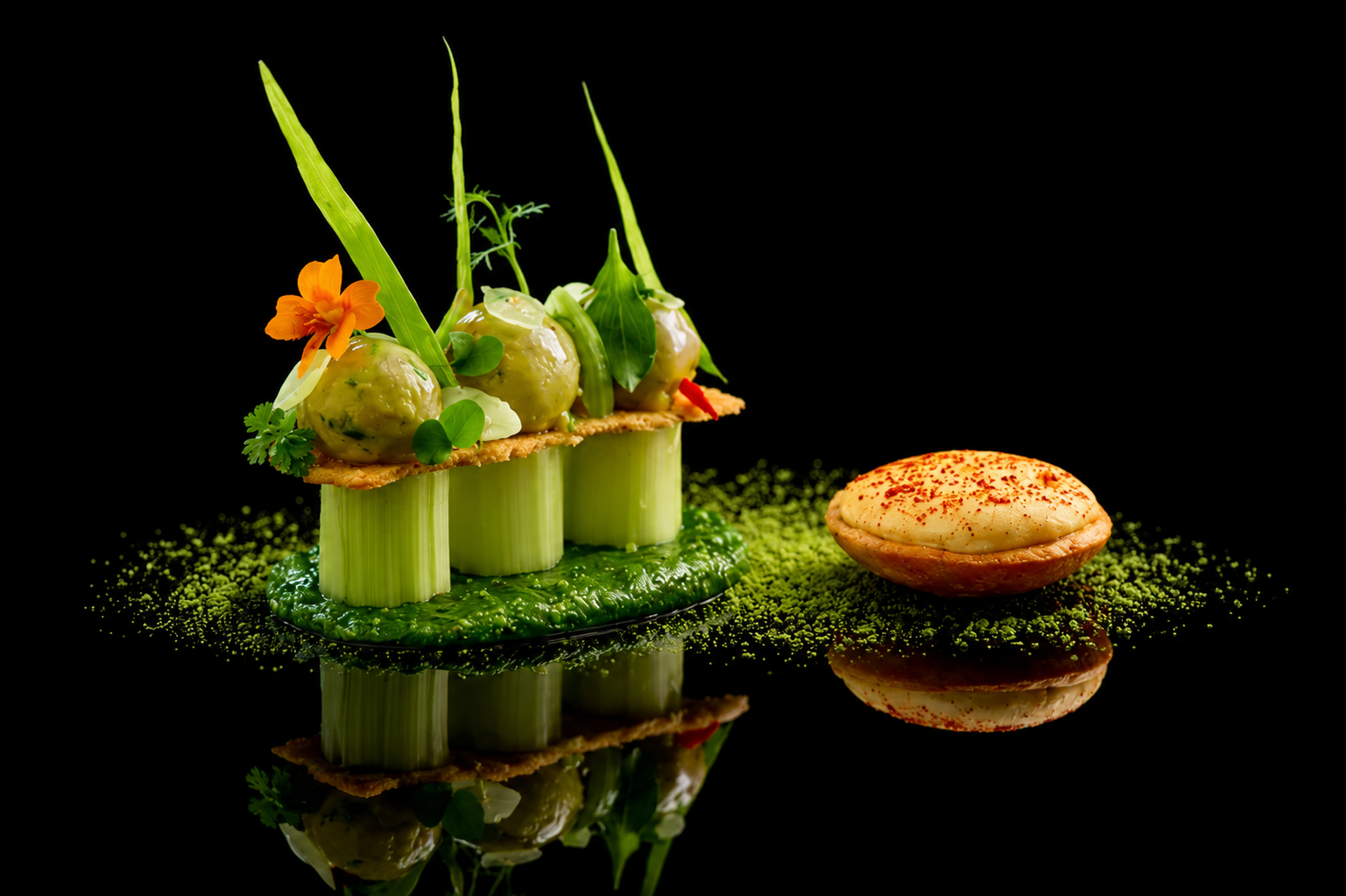 Assiette de plats gastronomiques végétariens avec des légumes verts, une crème, garnitures florales et épices présenté sur une surface noire réfléchissante.