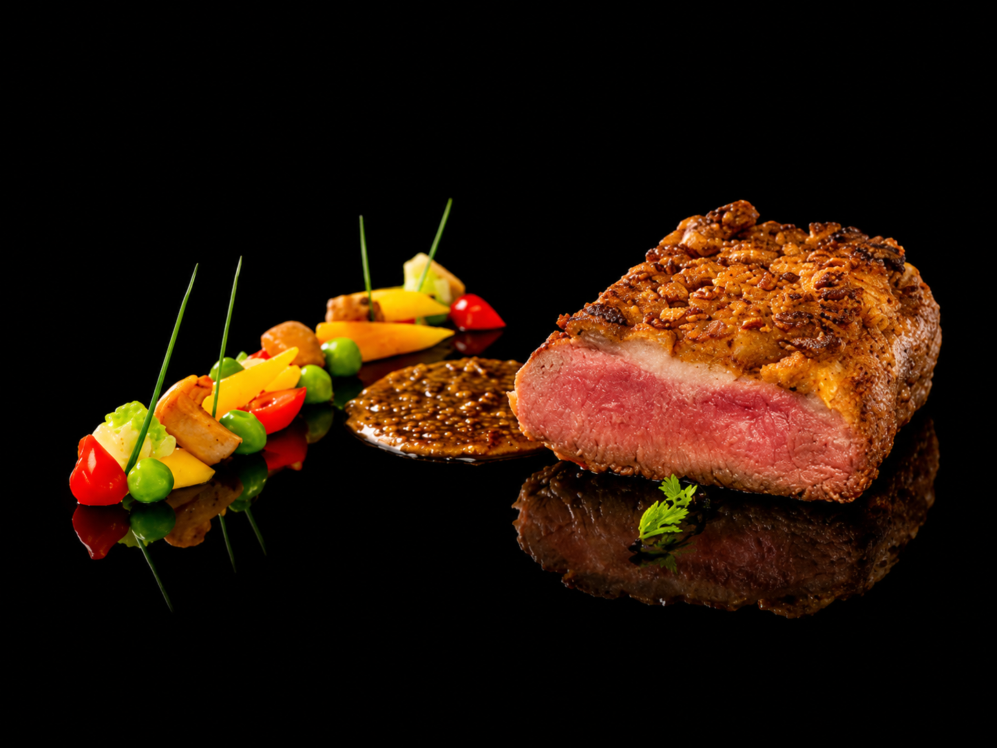 Un steak de bœuf saignant avec une croûte de noix et une sauce, accompagné de légumes colorés sur une surface noire brillante.