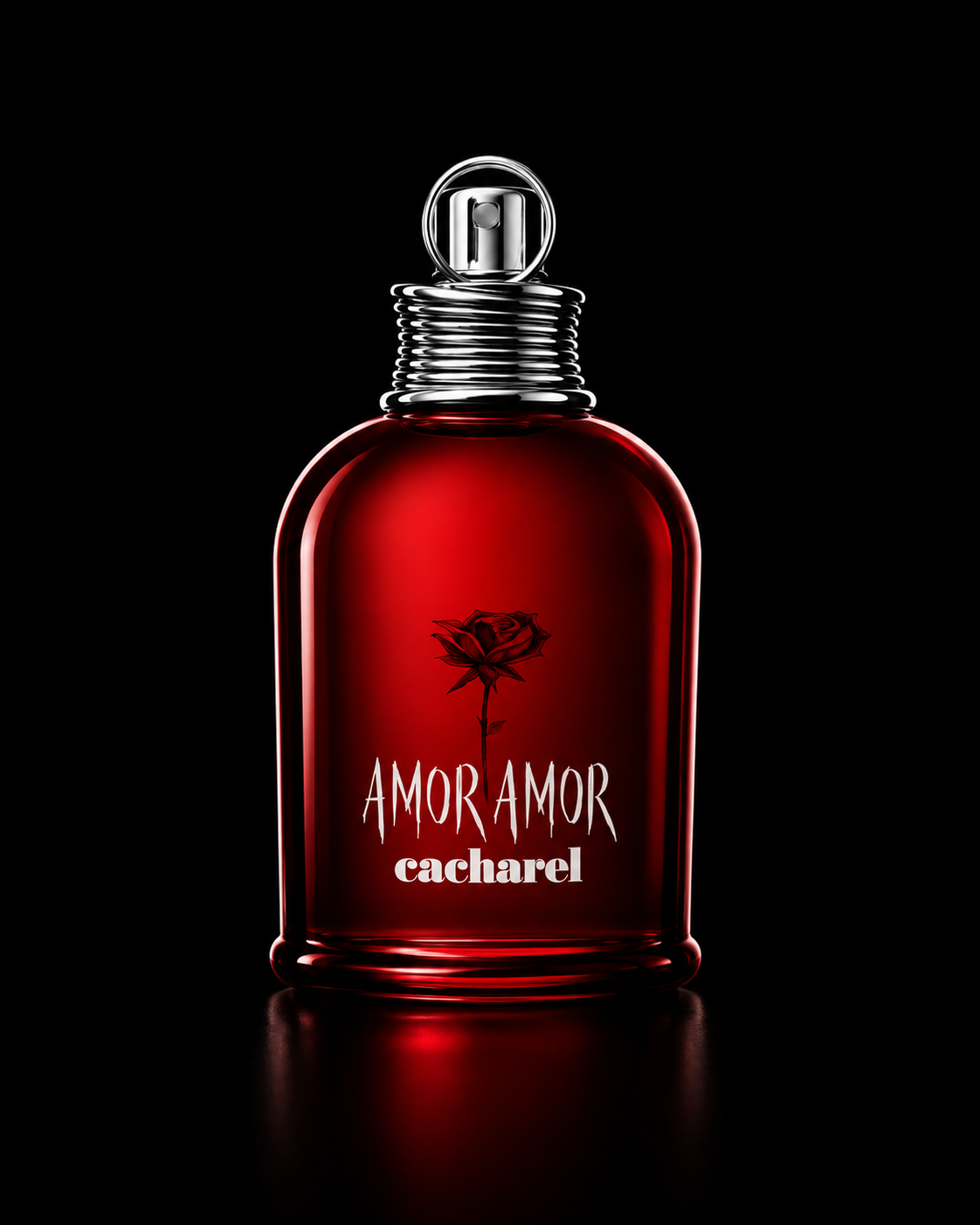 Bouteille de parfum rouge avec une rose dessinée sur l'étiquette, intitulée 'Amor Amor Cacharel', fond noir.
