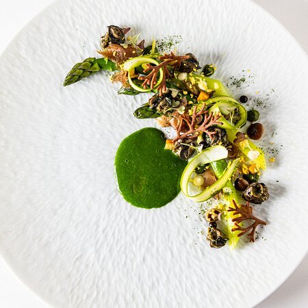 Assiette de fine gastronomie avec des légumes verts, herbes, et garnitures colorées, présentation artistique.