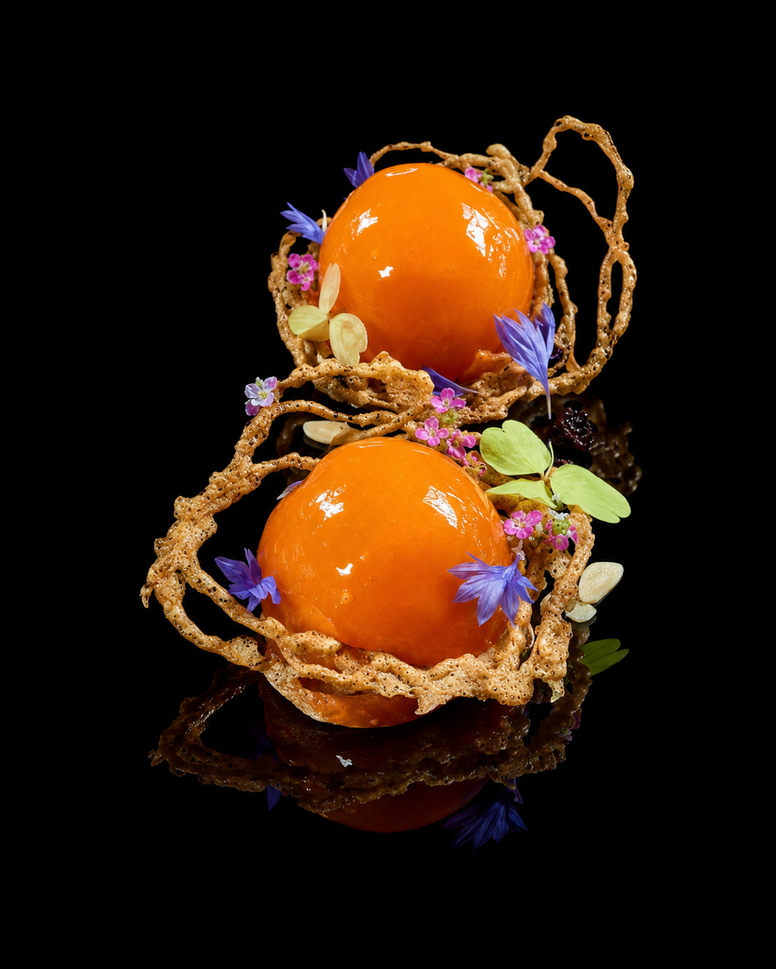 Deux desserts élégants composés de sphères orange brillant, entourés de garnitures florales colorées et de structures croustillantes, sur un fond noir.