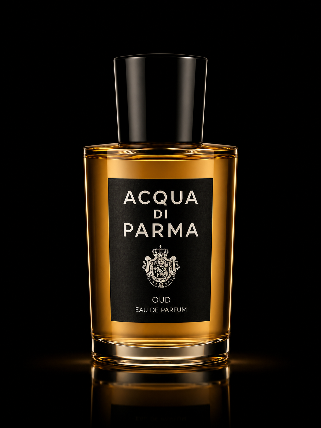 Une bouteille d'eau de parfum Acqua di Parma Oud, parfum doré dans un flacon en verre avec un bouchon noir, sur fond noir.