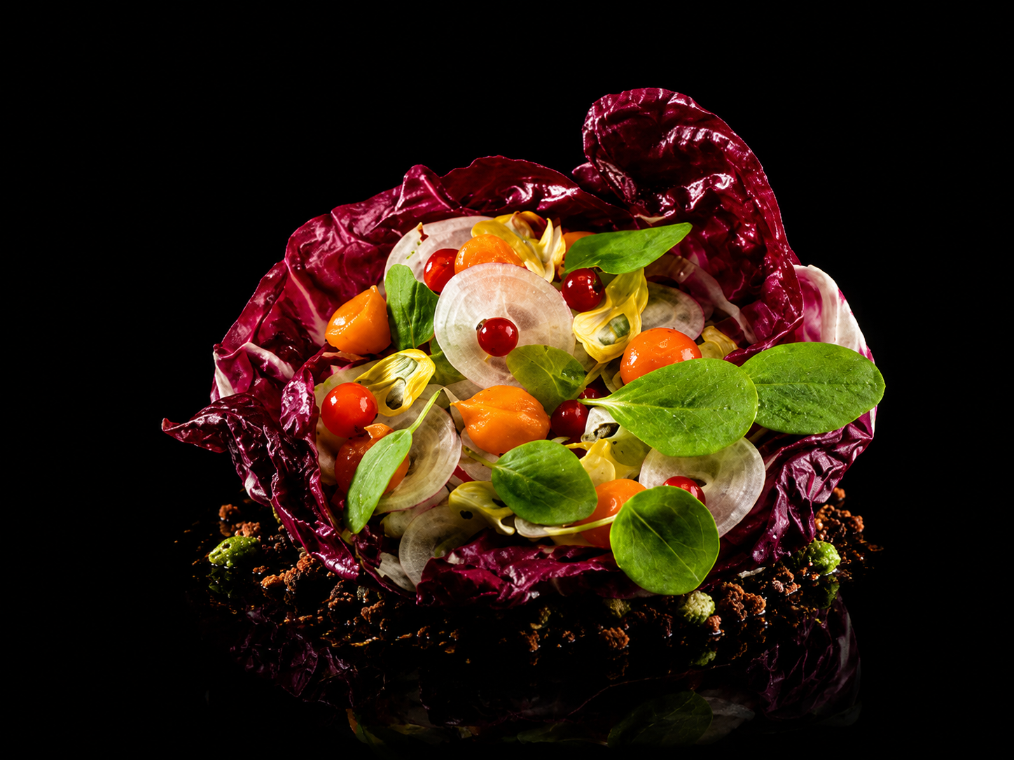 Salade de légumes frais avec laitue rouge, tomates cerises, feuilles vertes, rondelles d'oignon, et autres légumes, présentée sur fond noir