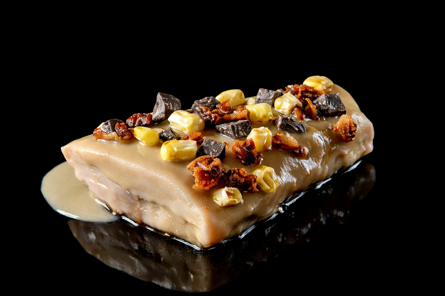 Dessert glacé à la vanille garni de morceaux de chocolat, de noix de pécan caramélisées et de maïs soufflé, posé sur un fond noir.