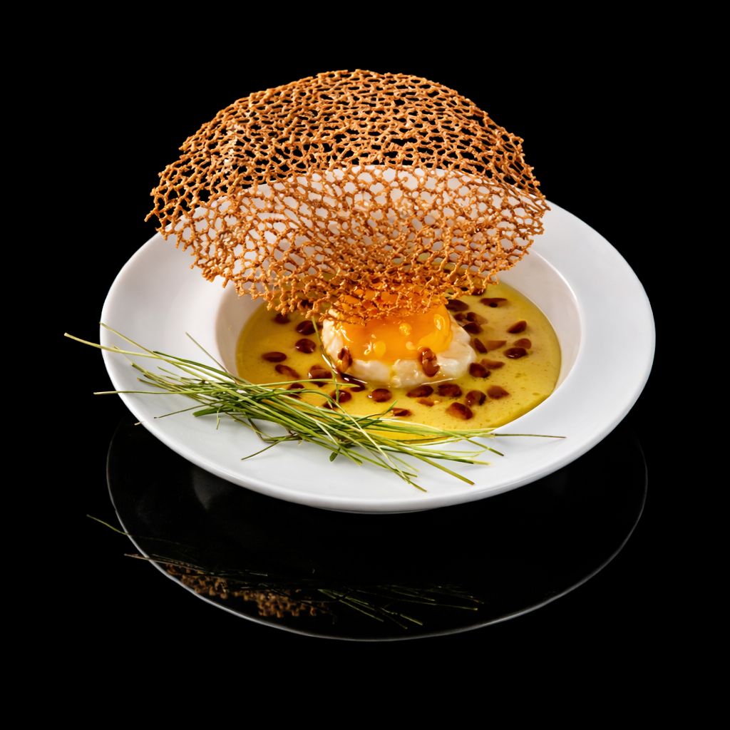 Oeuf pochée dans une sauce jaune, garnie de graines, avec une garniture en forme de dentelle croustillante et une branche de fines herbes sur un plat blanc, fond noir.