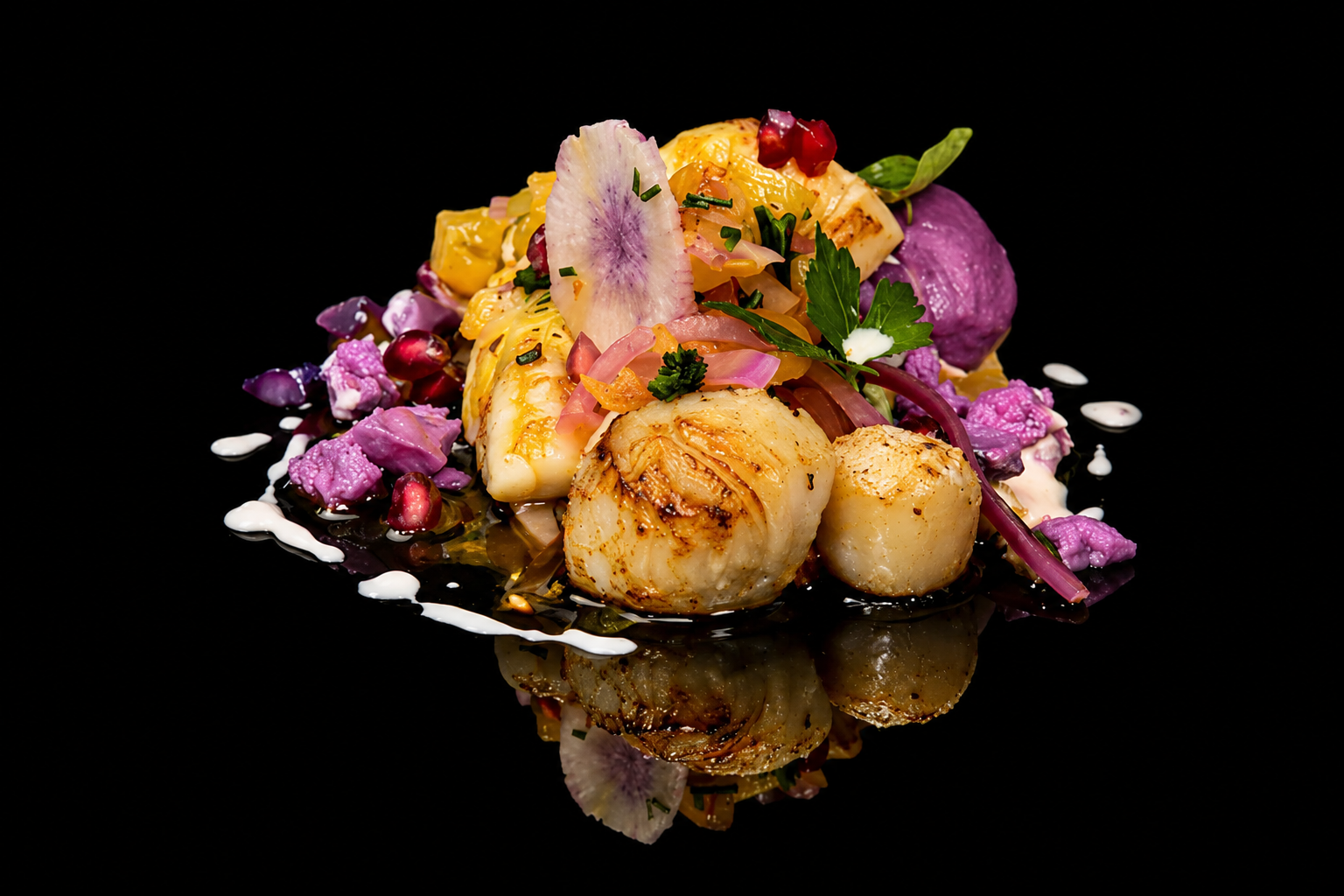 Assiette de crustacés avec huîtres, légumes, herbes et sauce sur un fond noir.