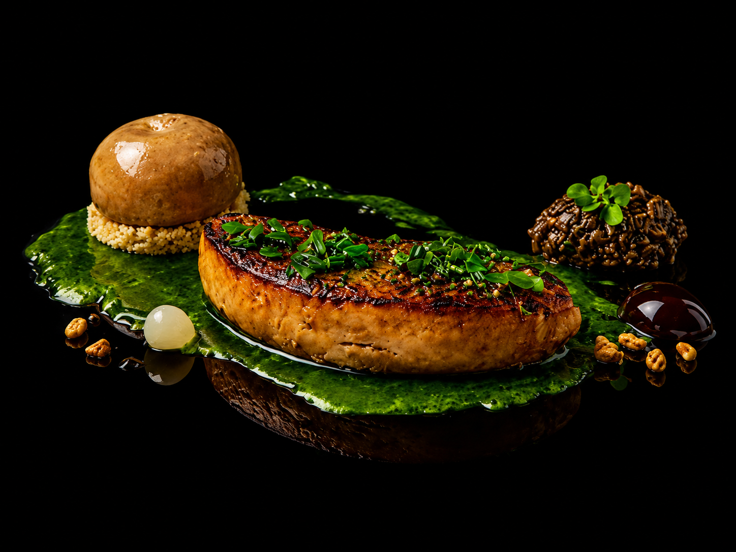 Plat gastronomique avec un filet de saumon grillé, accompagnements divers, servi sur un fond noir.