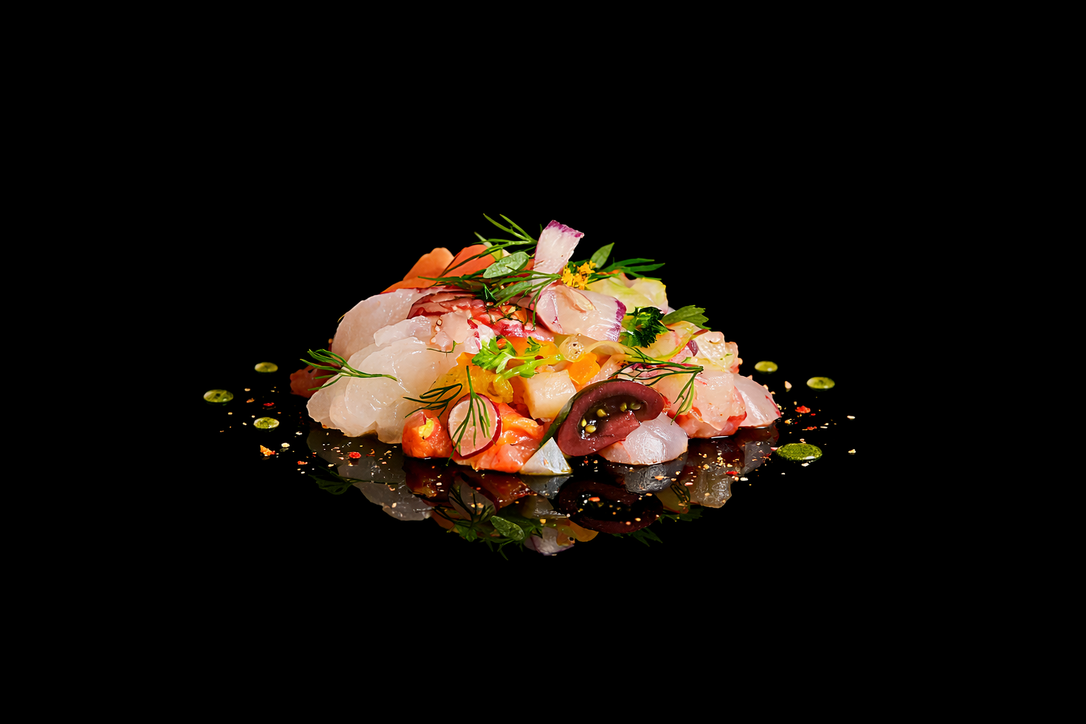 Assiette de sashimi avec divers poissons, garnitures et herbes, présentée sur une surface noire