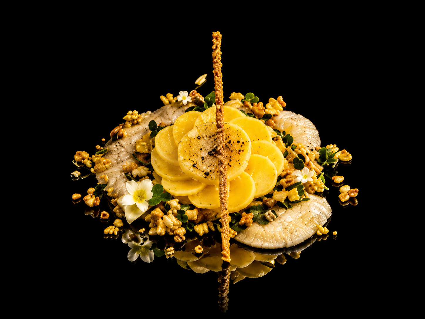 Assiette gastronomique avec poisson blanc, tranches de pommes de terre, fleurs comestibles, et décoration croustillante.