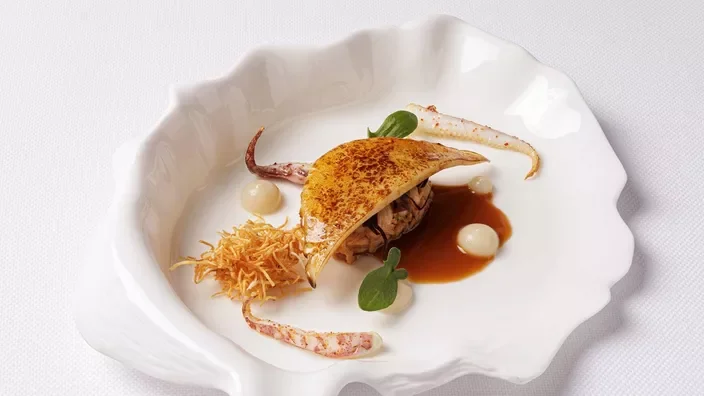 Assiette raffinée avec un plat gastronomique comprenant une pièce de poisson, une sauce brune, des petites boulettes blanches, des herbes vertes, et diverses garnitures artistiques.