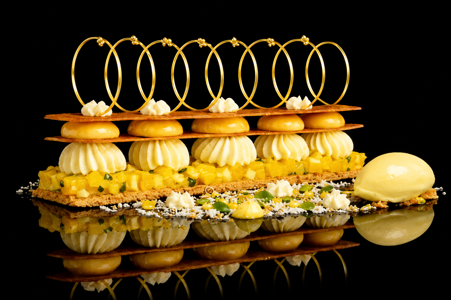 Gâteau sophistiqué composé de plusieurs couches décoratives avec des cercles en or, des biscuits fins, de la crème, et des fruits en morceaux, décoré avec des éclats de chocolat et une grosse boule de glace à la vanille, posé sur une surface noire reflective.