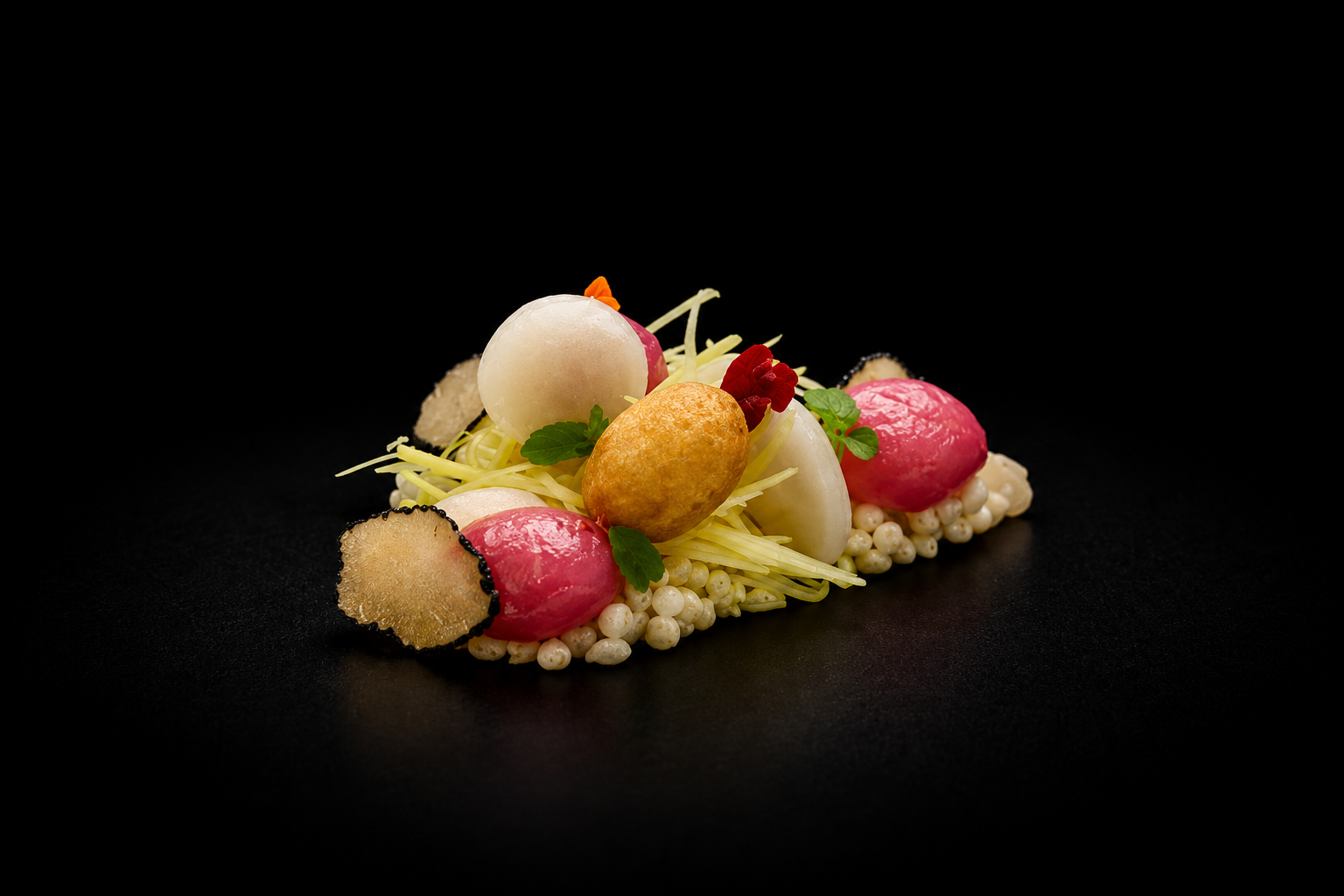 Assiette gastronomique avec boule de mozzarella, petits pois, fines lamelles de légume, garniture de micro-pousses, tranches de radis rose, chips de légumes et herbes fraîches sur fond noir