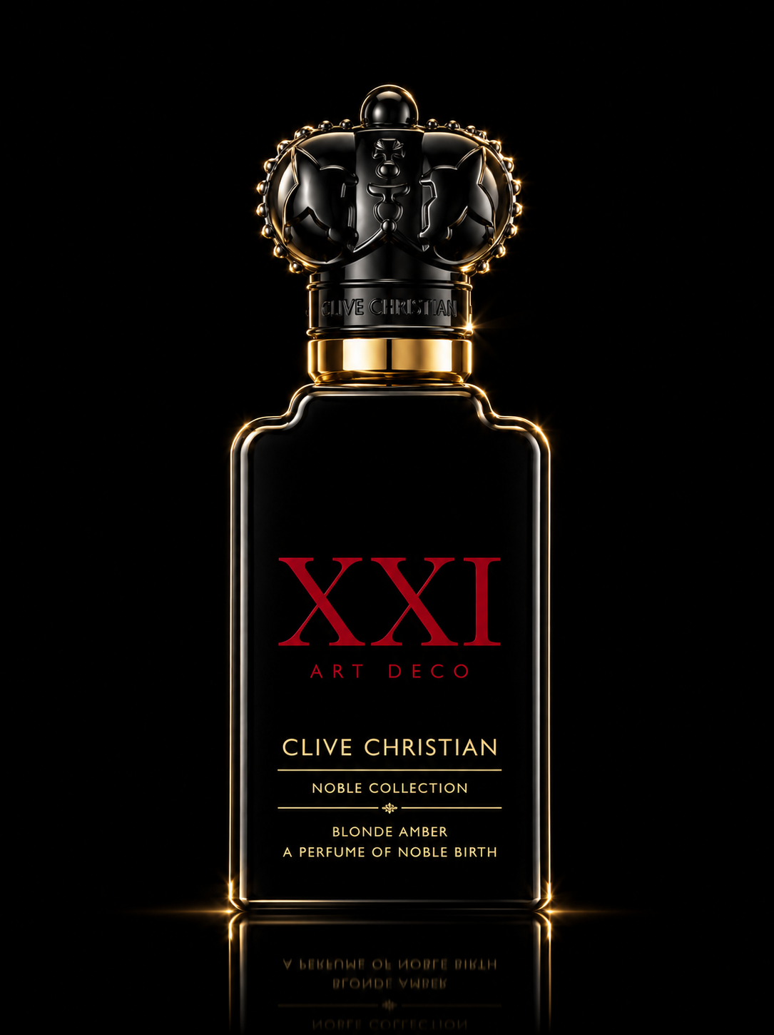 Flacon de parfum noir avec un bouchon orné d'une tête de lion stylisée également dorée, portant l'inscription 'XXI ART DECO' en rouge et 'CLIVE CHRISTIAN' en or, indiquant 'Noble Collection' et 'Blonde Amber' en dessous.