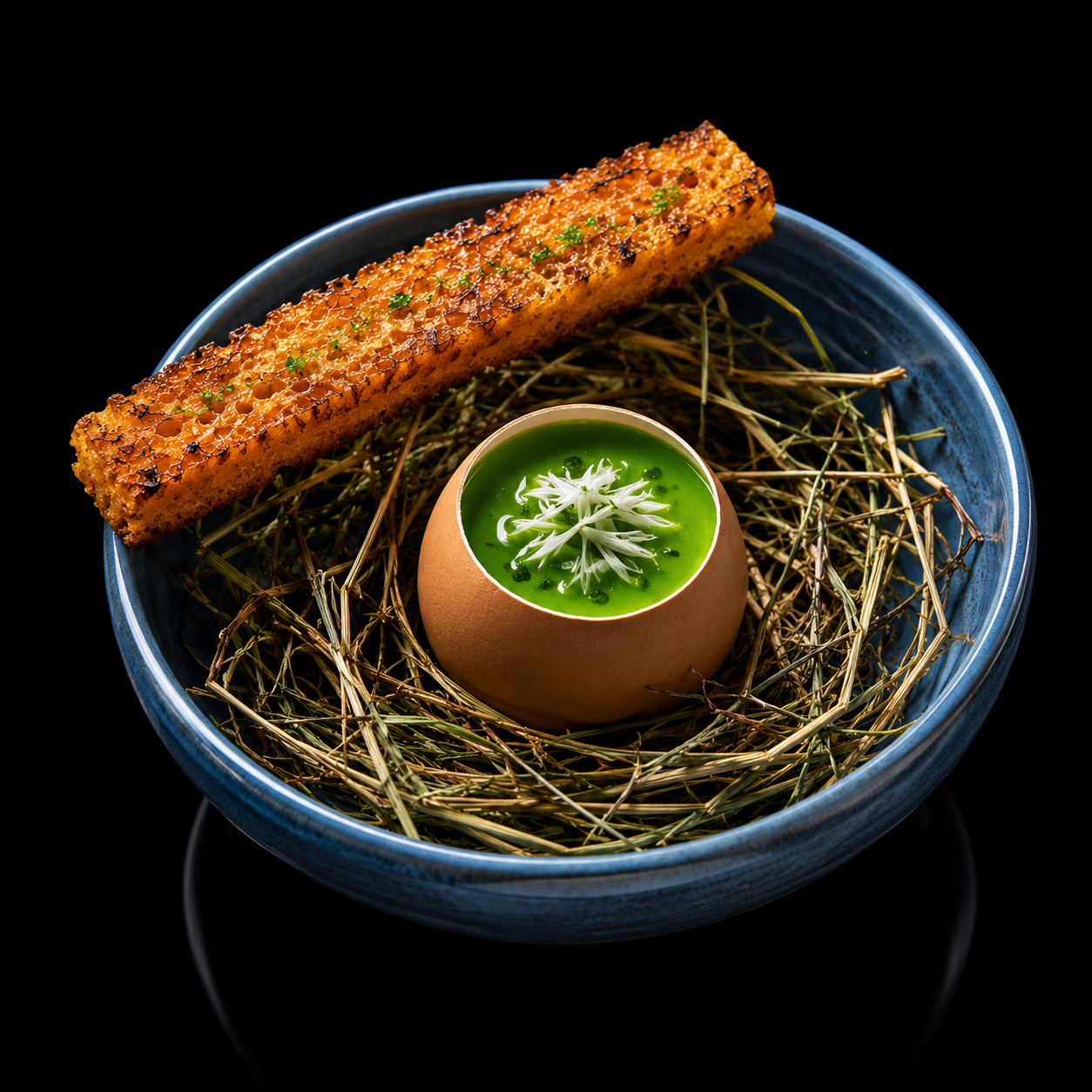 Un œuf de poule en coquille cassée, rempli d'une soupe verte garnie de fleurs comestibles, accompagné d'une tranche de miel croquant, dans un plat en céramique bleue sur un lit de brindilles.