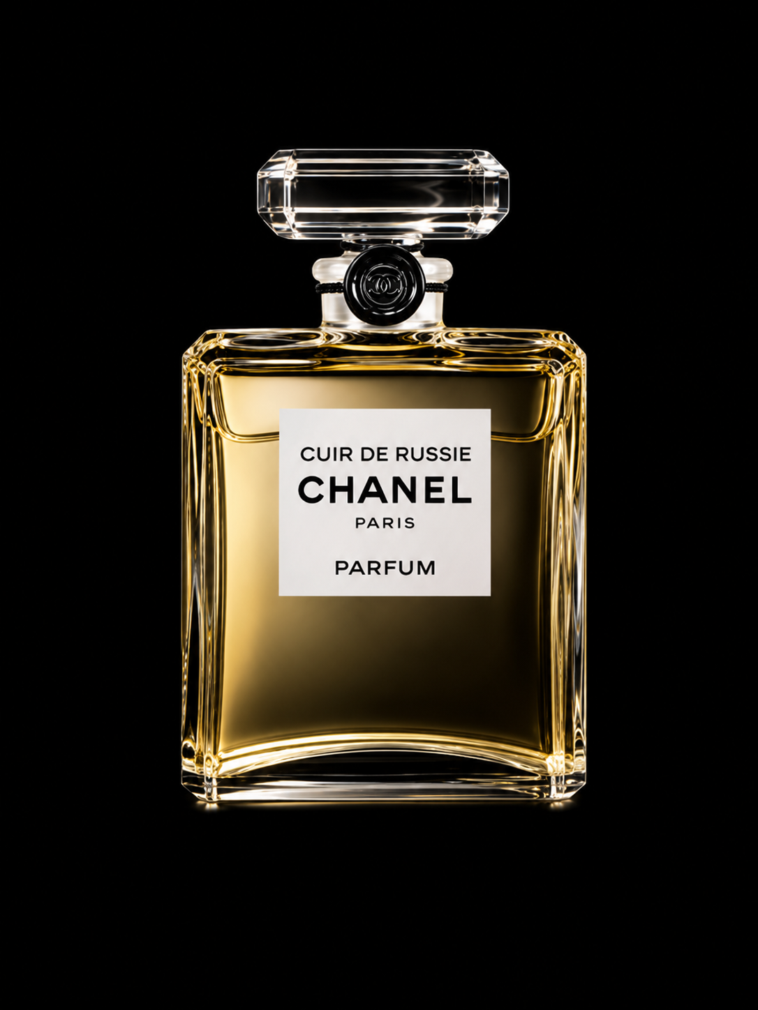 Flacon de parfum Chanel Cuir de Russie avec un fond noir